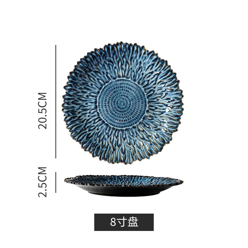 Kiln-turned retro style grids ceramic flower plate creative for home sunflower plate fruit salad plate japanese style plate