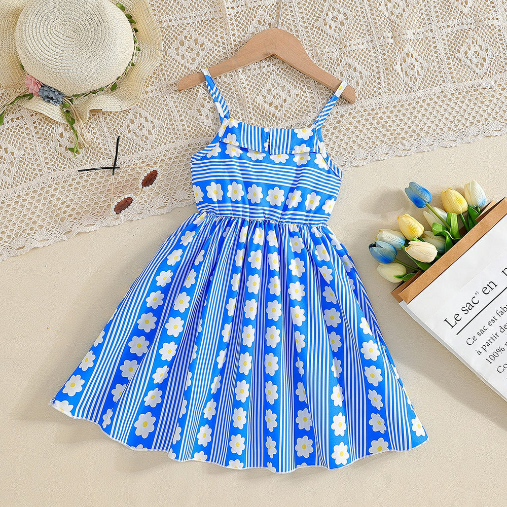 Girls' summer sundress: blue striped floral print casual french style for mid-to-large children