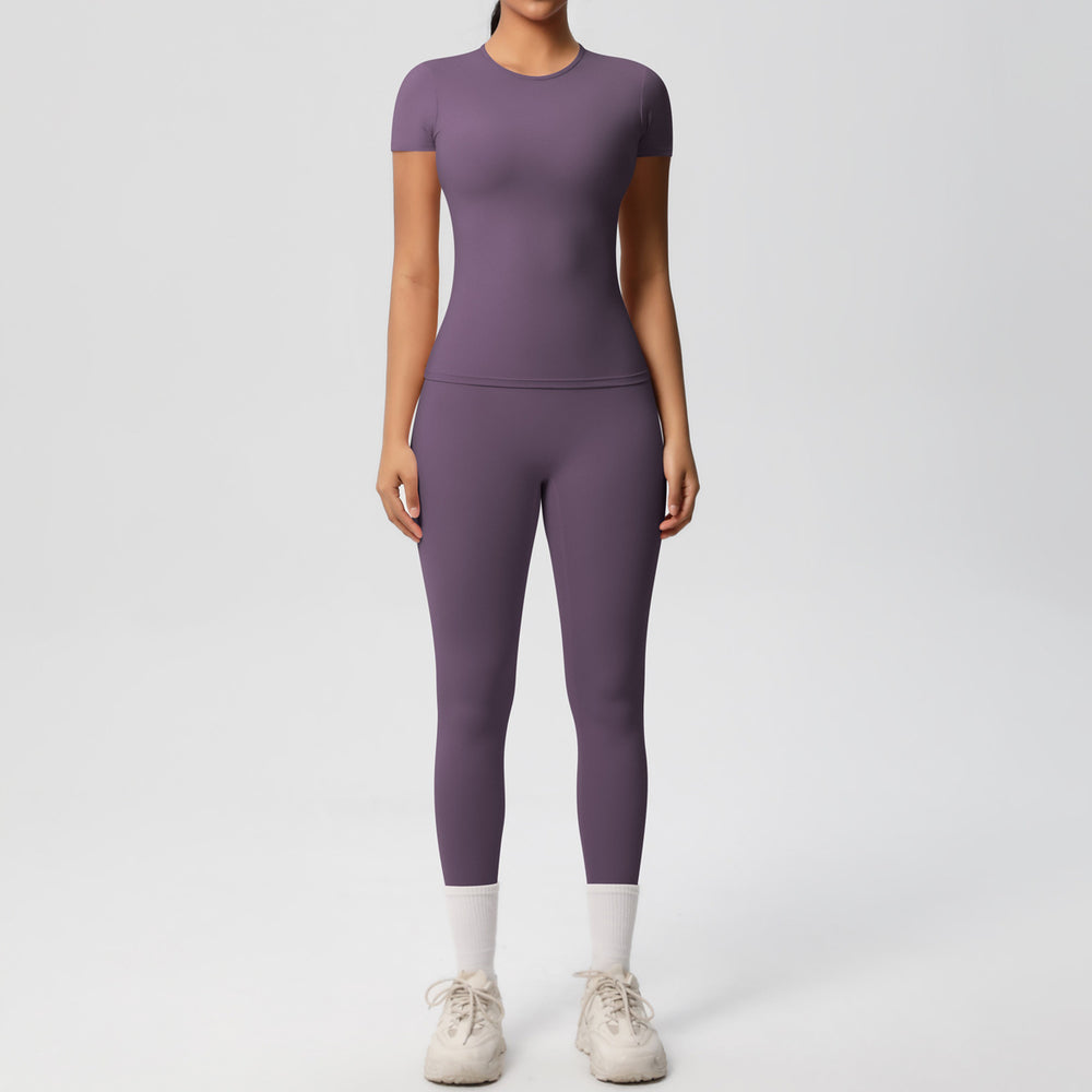 Ready-to-ship, solid color, double-sided brushed, breathable, form-fitting, two-piece activewear set for fitness, running, and yoga