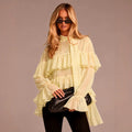 French chic ruffle chiffon blouse - women's summer long sleeve pink commute top - elegant sun protection shirt