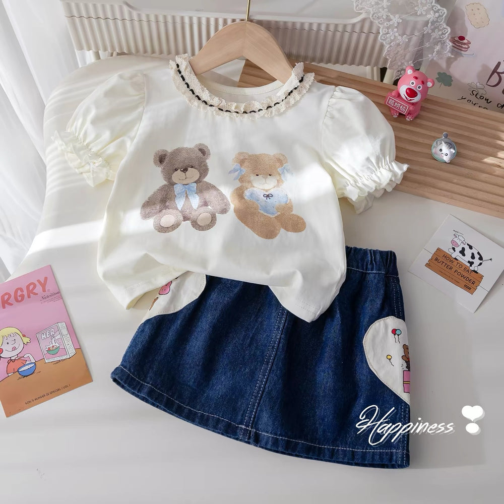 Girls'  new cartoon short-sleeve summer outfit: cute and stylish baby girl set - versatile casual top and trendy shorts