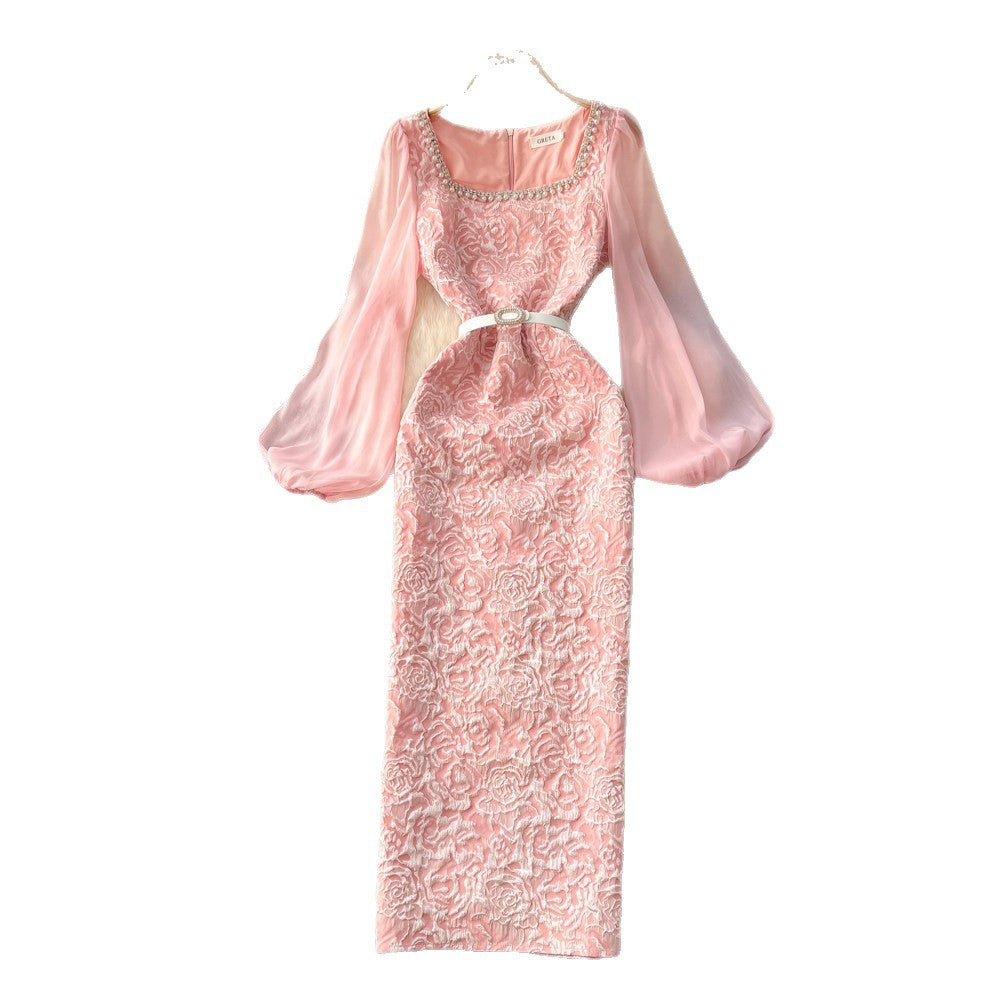 French style elegant puff sleeve lace dress - women's purple diamond-studded slit midi dress, slim fit and figure-flattering