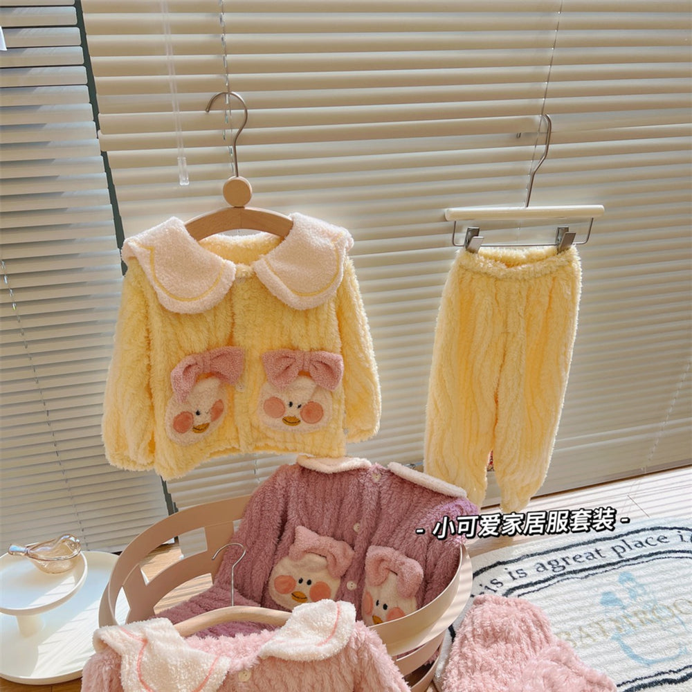 Girls' and boys' fleece-lined winter outerwear, baby girl's bunny ear pajamas, thickened sleepwear set