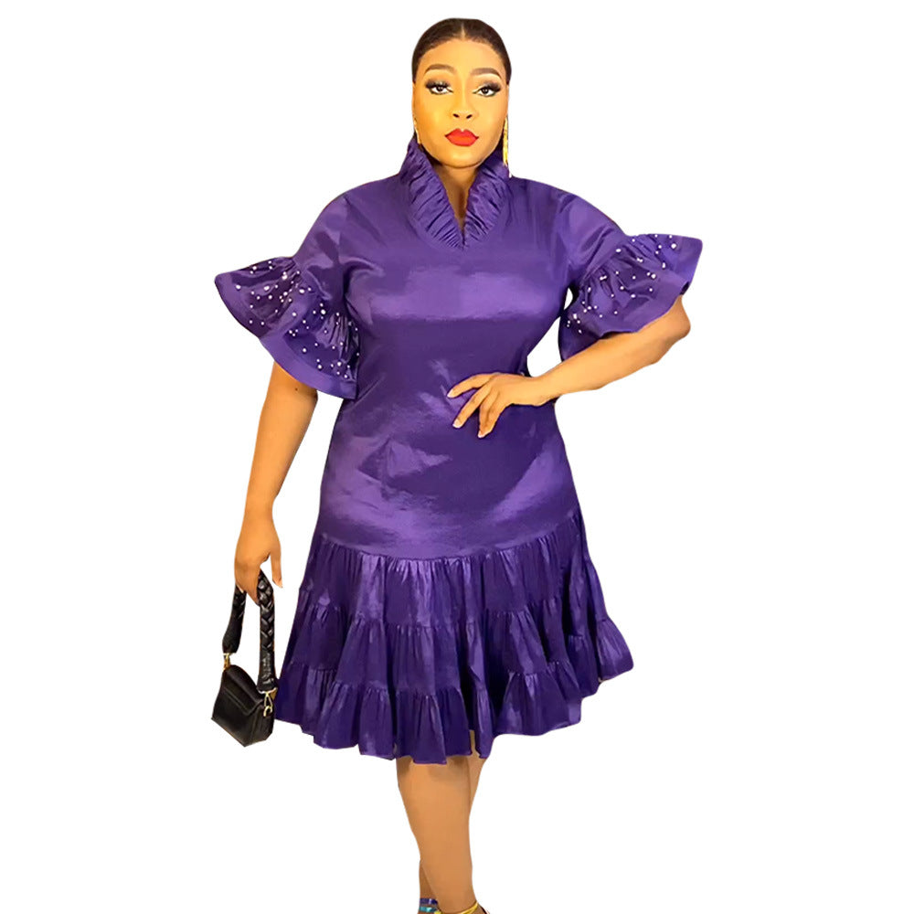 Aliexpress  new european and american cross-border trade african women's plus size five-sleeve pleated ruffle hem dress