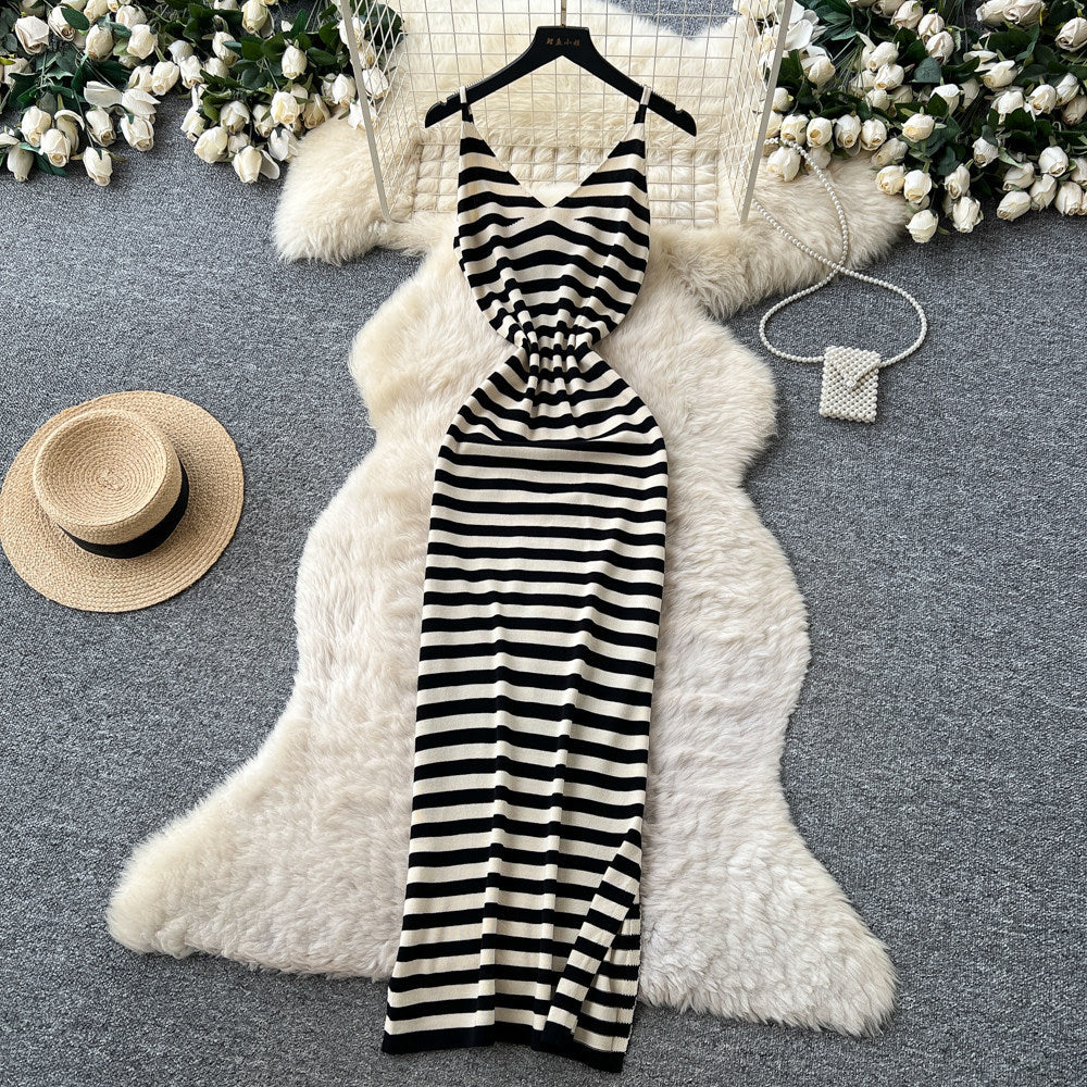 Lazy stripes suspender sleeveless dress women's summerknitting silmslimming lookelegant long skirt work clothing outfit
