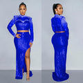 C6810 cross-border   fashion women's round neck mesh sequin long sleeve maxi dress two-piece set
