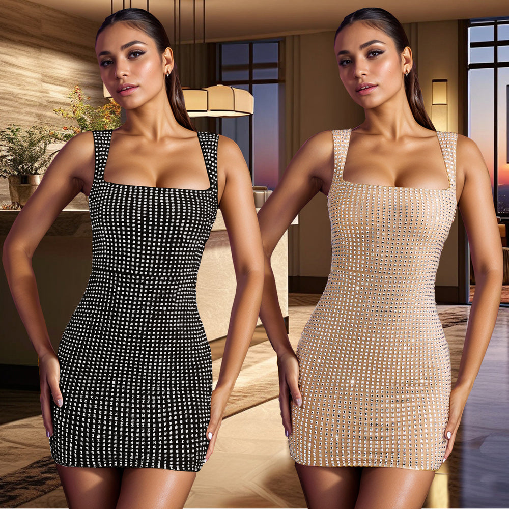 C7109 cross-border   fashion women's hotfix rhinestone camisole sexy slim-fit evening party dress