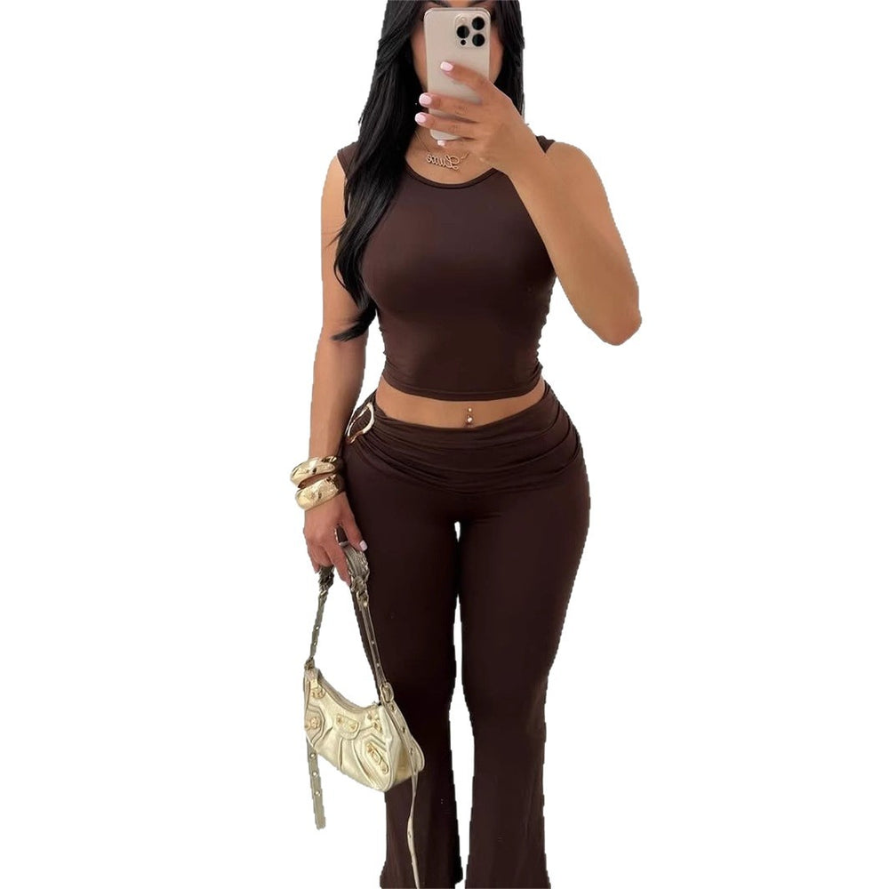 new women's two-piece set: european and american style cropped sleeveless top and bodycon high-waisted pants set