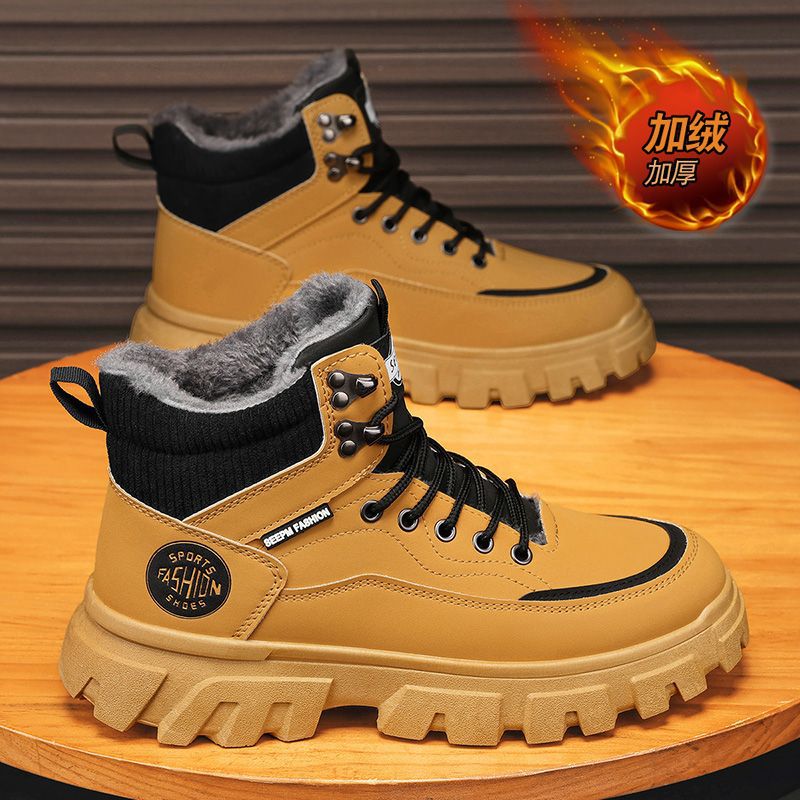 Boots men's fall and winter high-top british style workwear rhubarb boots men's fleece-lined cotton shoes thick sole outdoor waterproof leather boots