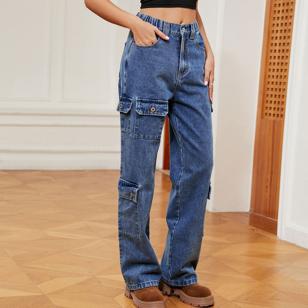 American hot girl fashion cross-border  new washed semi-elastic design stylish denim workwear casual pants for women