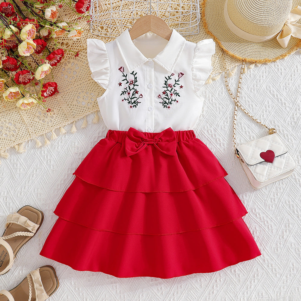 Girls' summer outfit set: printed top with peter pan collar and flutter sleeves, red tiered skirt - two-piece set for kids
