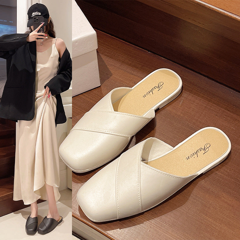 Lazy flatseasiest for match toe soft bottom slippers for women 2025new arrivalfashionfrenchoutwear square toe sandals for women