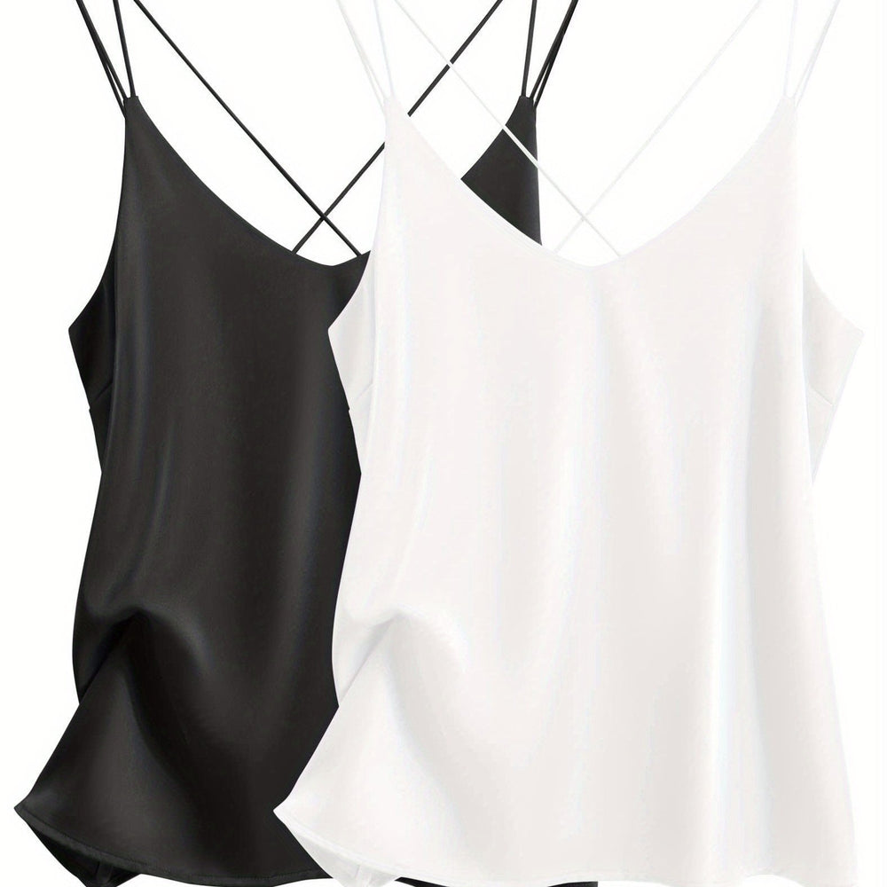 2 pack women's satin camisole v neck cross back sleeves