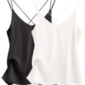 2 pack women's satin camisole v neck cross back sleeves