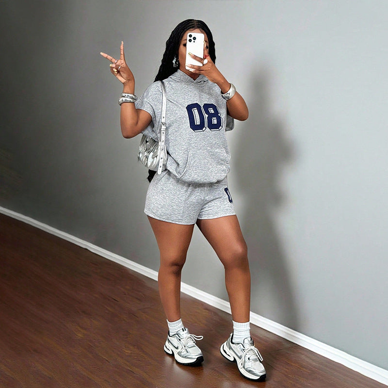 New casual activewear solid color printed letter loose fit hoodie sweatshirt women's  summer set