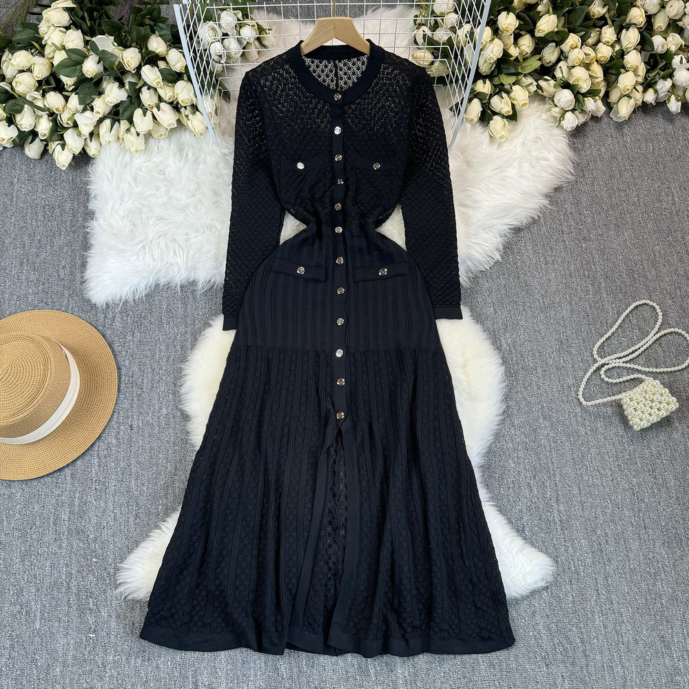 Autumfrench small fragrance elegancelightful grids round neck elegant waist long sleeves knittingdresspleatedniche style design