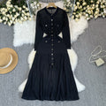Autumfrench small fragrance elegancelightful grids round neck elegant waist long sleeves knittingdresspleatedniche style design