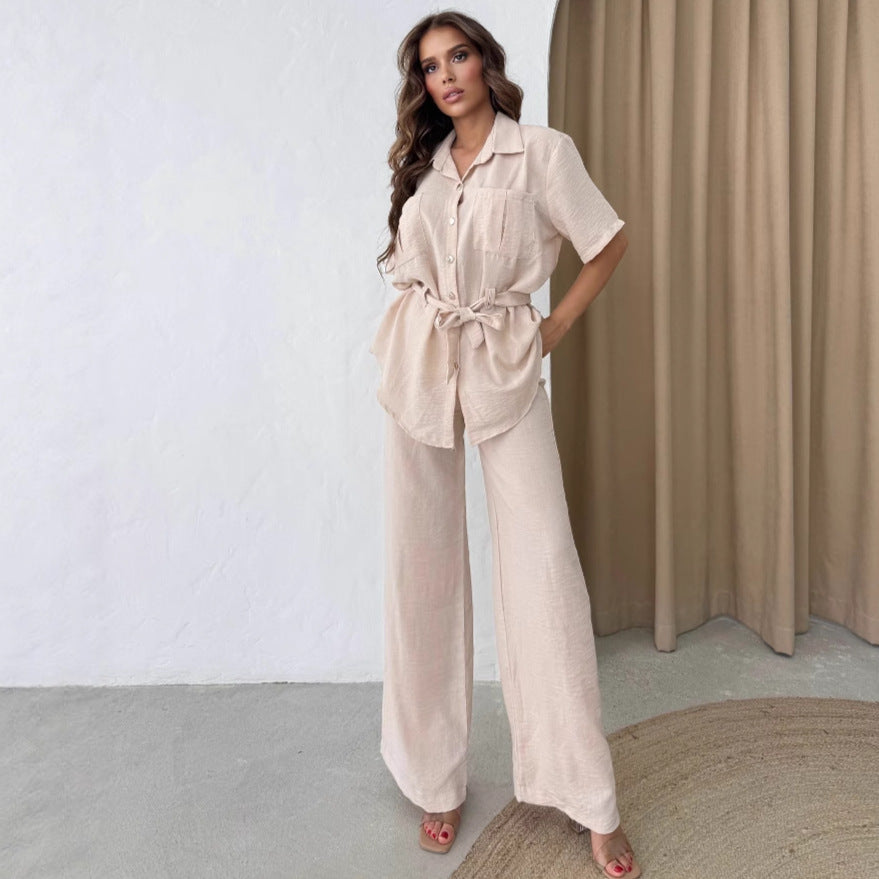 Cross-border European and American women's clothing lapel slim strap cardigan shirt high waist wide leg trousers  solid color two-piece set women