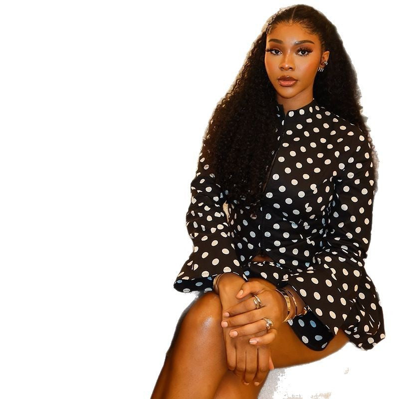 European and American  waist polka dot pleated skirt set long sleeve cardigan zipper top short skirt two-piece fashion women's clothing