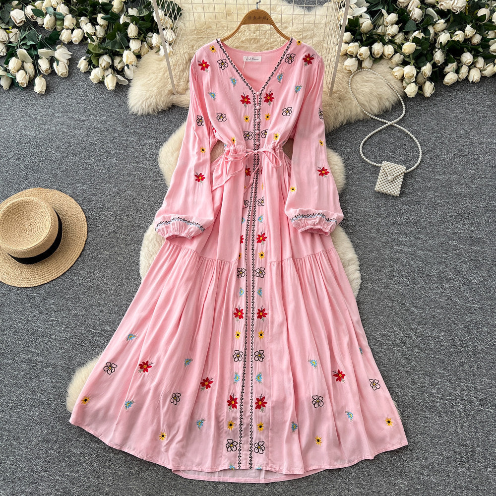 Ethnic embroidered tie-waist dress - women's summer long sleeve v-neck a-line maxi dress - elegant & chic