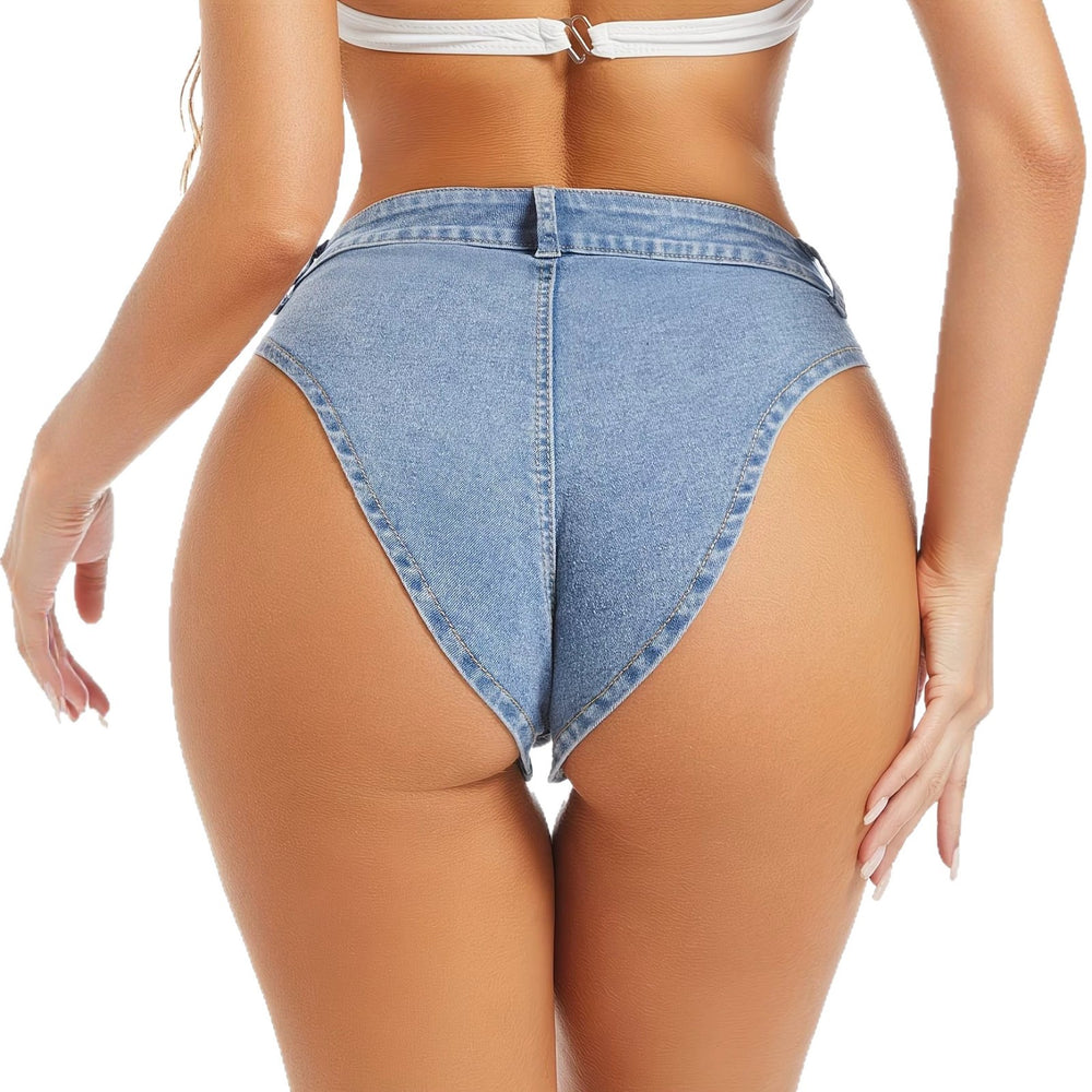 European and american style ultra-short denim hot pants for women - light blue washed high-waisted sexy triangle bikini bottoms, hot girl beach shorts