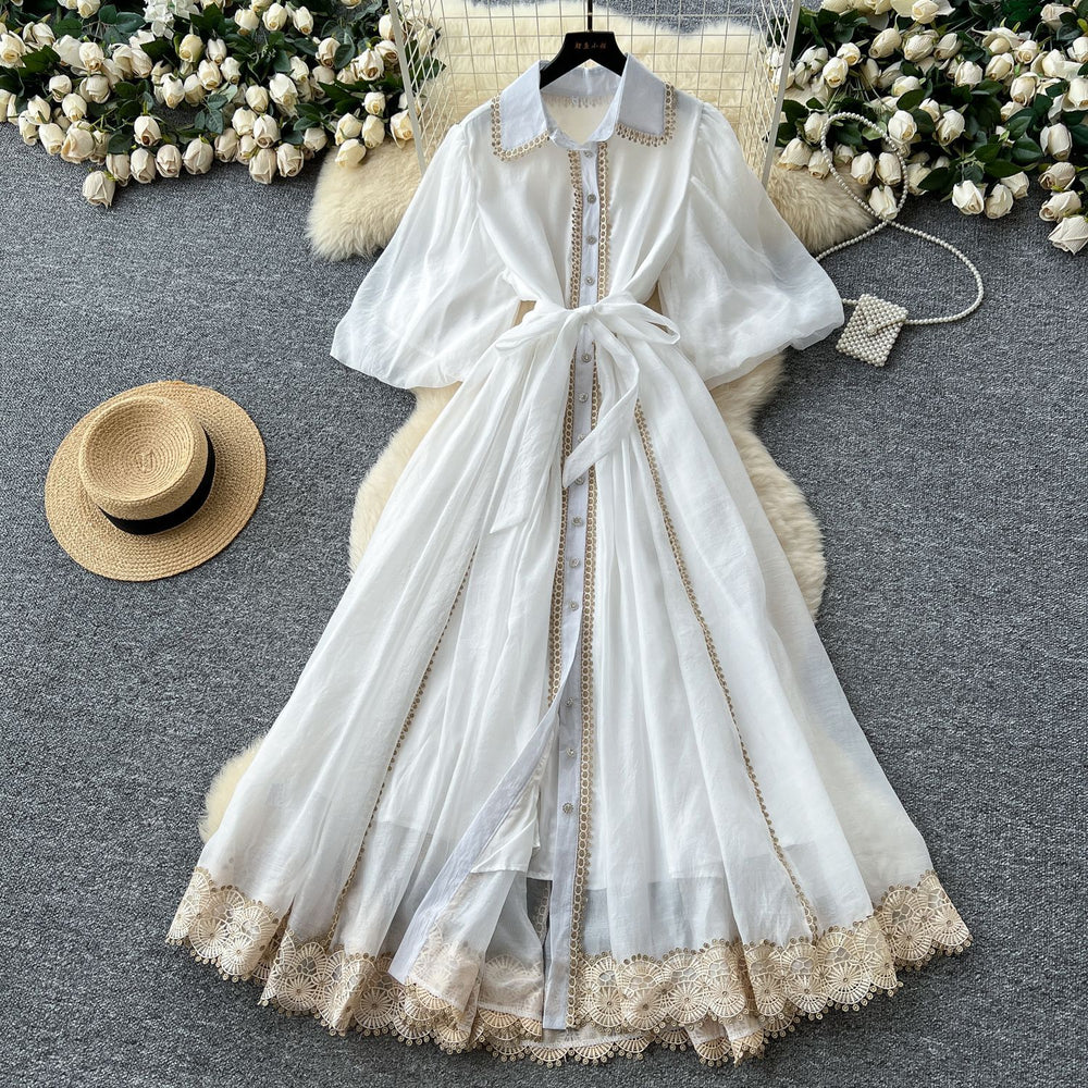 Frenchclassyelegantdress women's palace style straps waist elegantlacepatchwork single breasted large swing long skirt