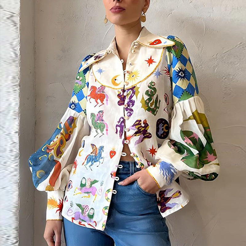 cross-border european and american women's clothing: new summer collection - graffiti print, turn-down collar, lantern sleeve, loose fit, slimming long-sleeve shirt