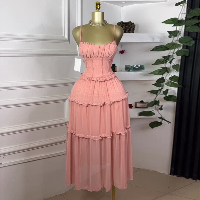 Fashion cross-border women's clothing  summer new style elegant holiday style waist-cinching fungus edge large skirt suspender dress