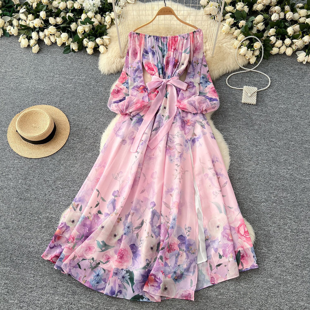 Early spring resort style dress - women's  new arrival: off-the-shoulder tie-waist lantern sleeve printed chiffon maxi dress