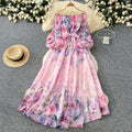 Early spring resort style dress - women's  new arrival: off-the-shoulder tie-waist lantern sleeve printed chiffon maxi dress