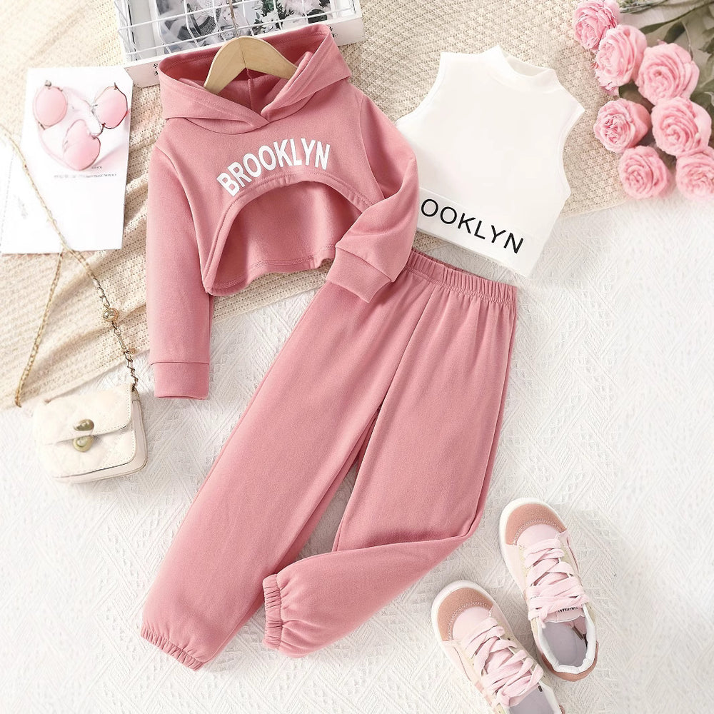 spring girls' casual three-piece set: pink hooded sweatshirt, high-neck tank top, letter print sweatshirt, and pants