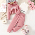 spring girls' casual three-piece set: pink hooded sweatshirt, high-neck tank top, letter print sweatshirt, and pants