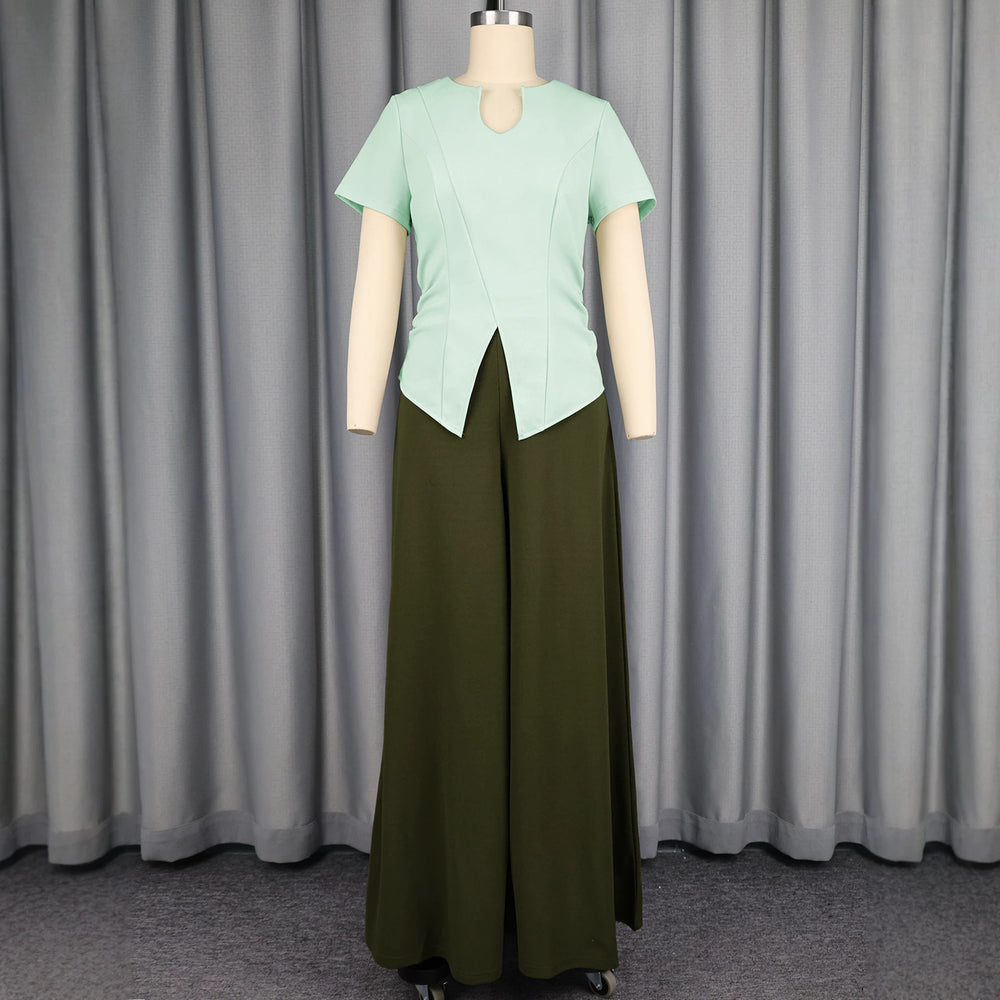New casual two-piece set: slimming, chic, and perfect for work. solid color, cinched waist, ruffle-trimmed short sleeve top and wide-leg pants set