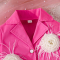 girls' solid color preppy style outfit: new autumn 3d floral blazer + pleated skirt set