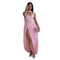 C7659 cross-border   fashion women's sexy solid color slit ribbon dress set