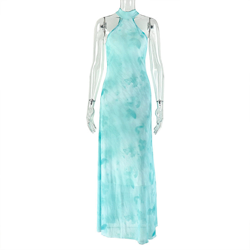 European and american style ins cross-border women's clothing slimming look slightly see-through vacation casual a-line skirt halter stand collar pure colorlongdress