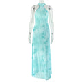 European and american style ins cross-border women's clothing slimming look slightly see-through vacation casual a-line skirt halter stand collar pure colorlongdress