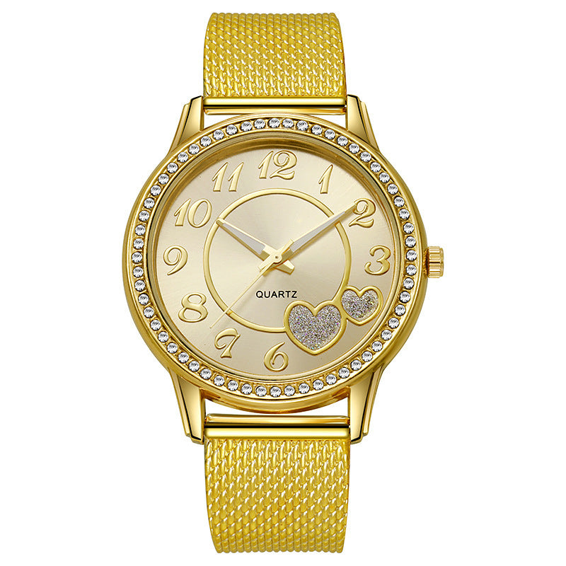 New fashion cross-border heart mesh strap quartz watch student rose gold heart diamond ladies watch wholesale silver