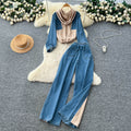 Fashionsuit women's 2025fall and winterretroloosecasual denim patchwork hooded sweatshirthigh waist wide leg straight-leg pants