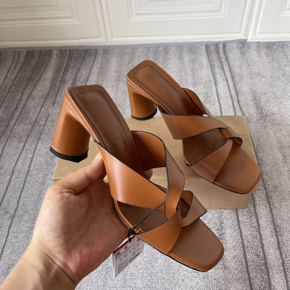 Z's 2023 spring new women's shoes: brown chunky heel minimalist open-toe high heel mules for outdoor wear