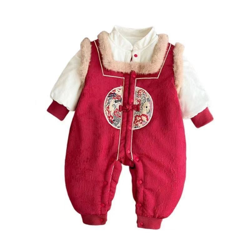 Baby new year's clothes winter clothes baby boy chinese style thickened jumpsuit winter full moon 100 days khaki crawling suit