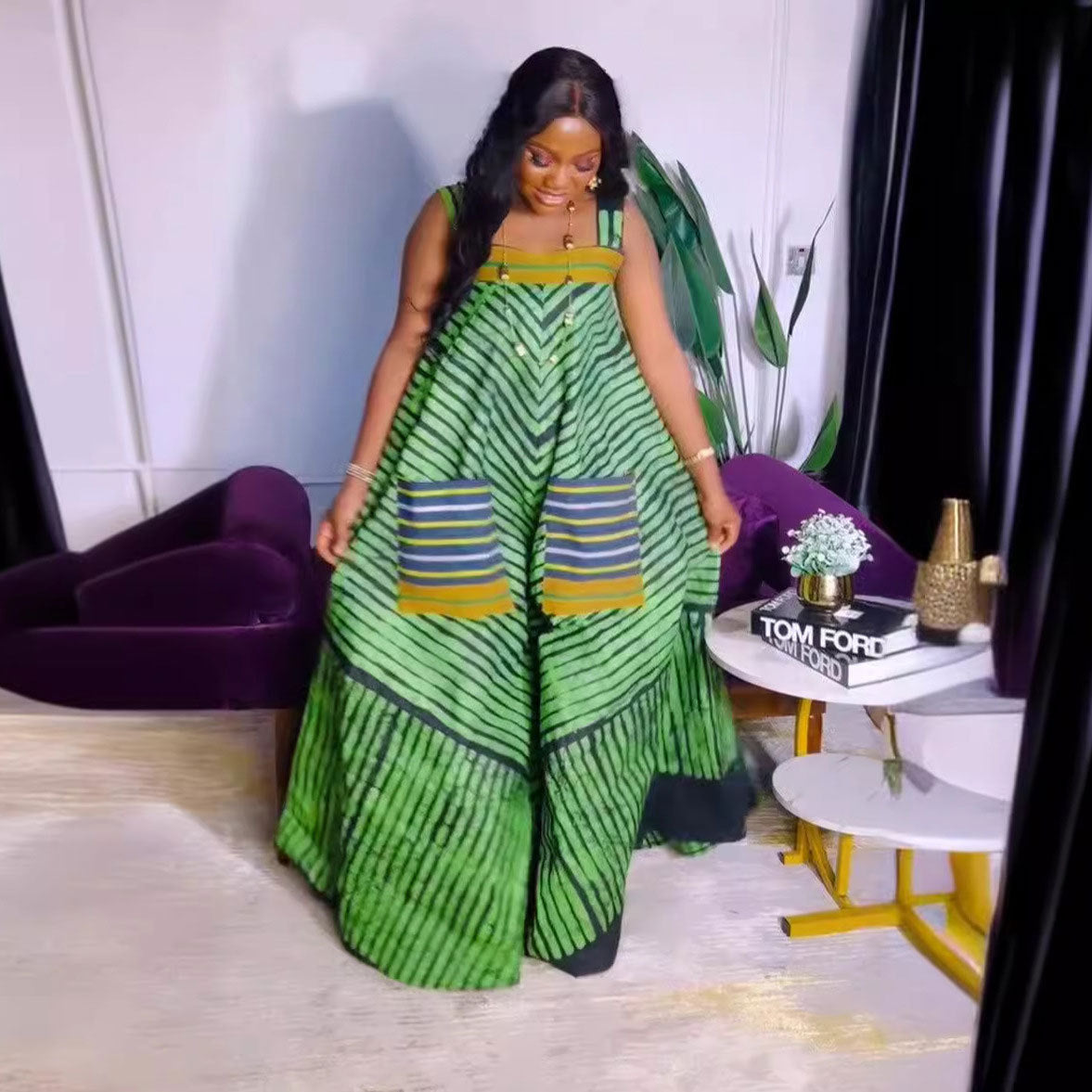 S10819 European and American sexy, printed contrasting colors oversized wide-leg suspender jumpsuit