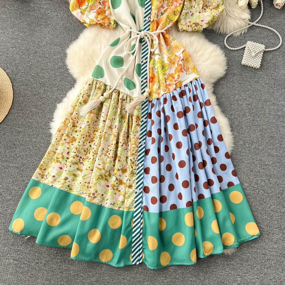 Frenchniche stylecontrast colorpatchwork style puff sleevesloose large hemlongsense of design polka dotdress dress