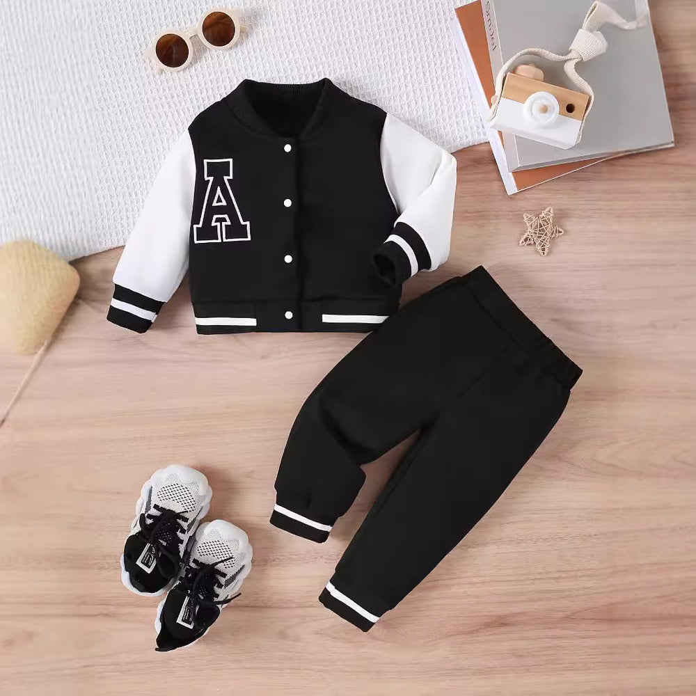autumn cross-border exclusive: embroidered letter patchwork baseball jacket + casual pants two-piece set for infants and toddlers