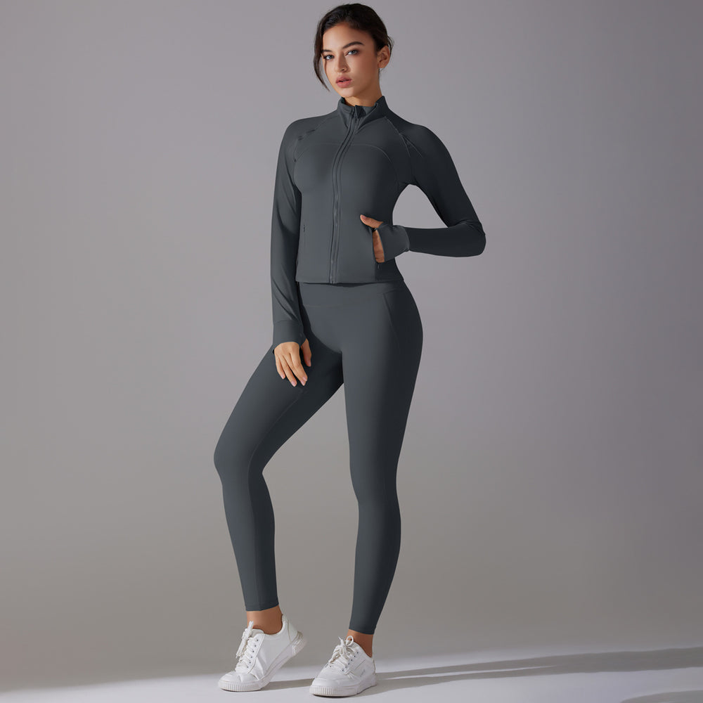 New arrival: solid color antibacterial seamless underwear zip-up yoga set - two-piece activewear for running and fitness