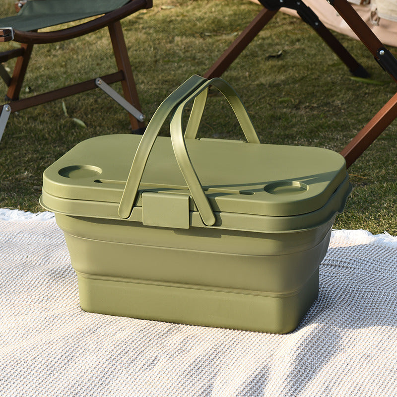 Picnic large capacity portable ins hand basket outdoor spring outing storage picnic red belt lid foldable basket