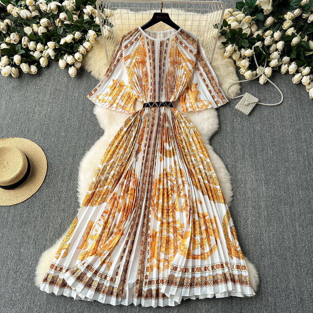 European and american retro court style design printed long dress with heavy pleating, puff sleeves, and pleated skirt - spring collection for women