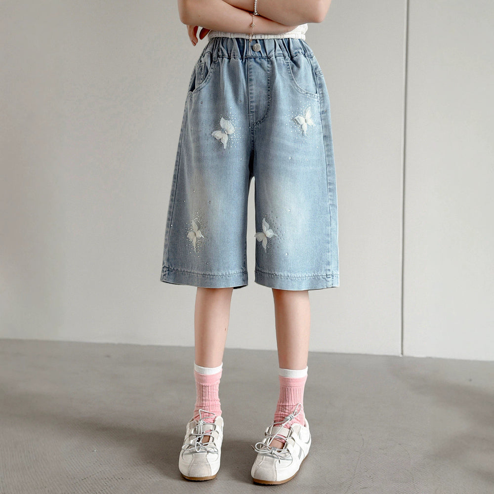 Girl hot diamond denim mid-pants summer style pants kids middle-aged and big kids shorts easiest for matchsummer thin half length pants