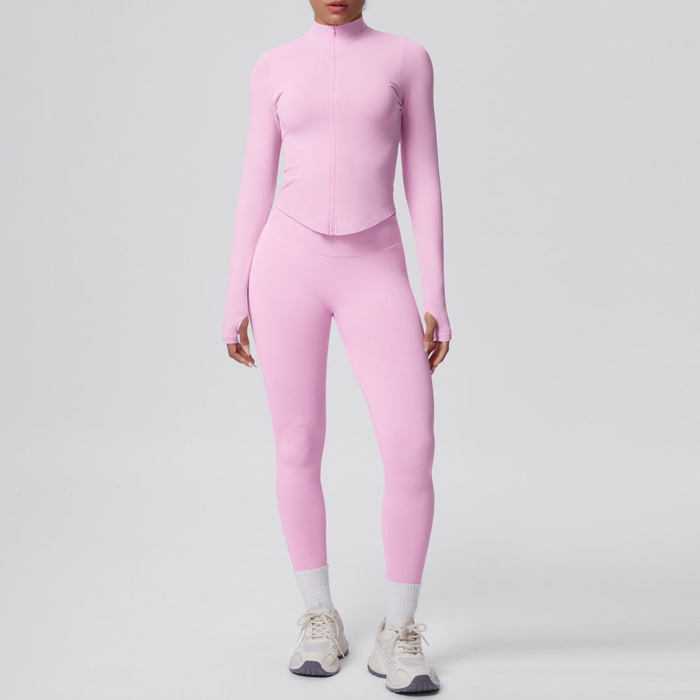 High-waisted, butt-lifting, form-fitting yoga set. solid color, seamless, stand-up collar, longline activewear. perfect for outdoor running and fitness