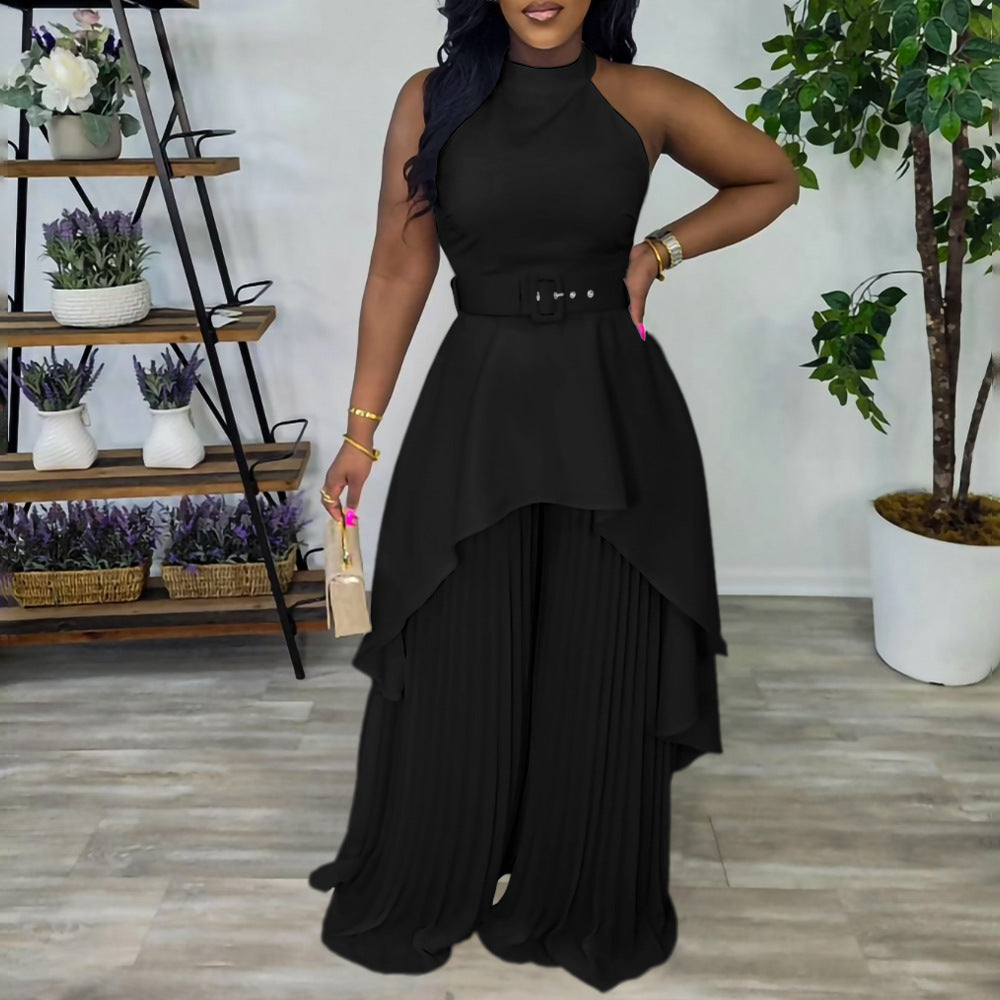 Q104 women's foreign trade   summer sleeveless top wide-leg pants casual set - stylish and elegant two-piece outfit